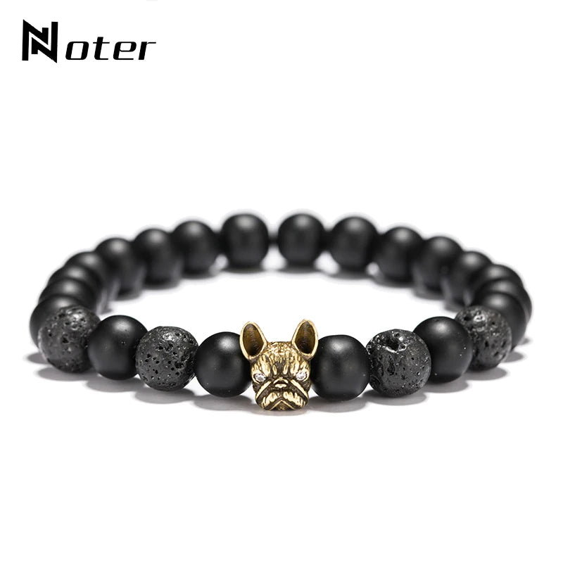 New French Bulldog Bracelet Men Vintage Copper Beaded Braclet Natural Onyx Lava Stone Braslet Erkek Bileklik Pulseras