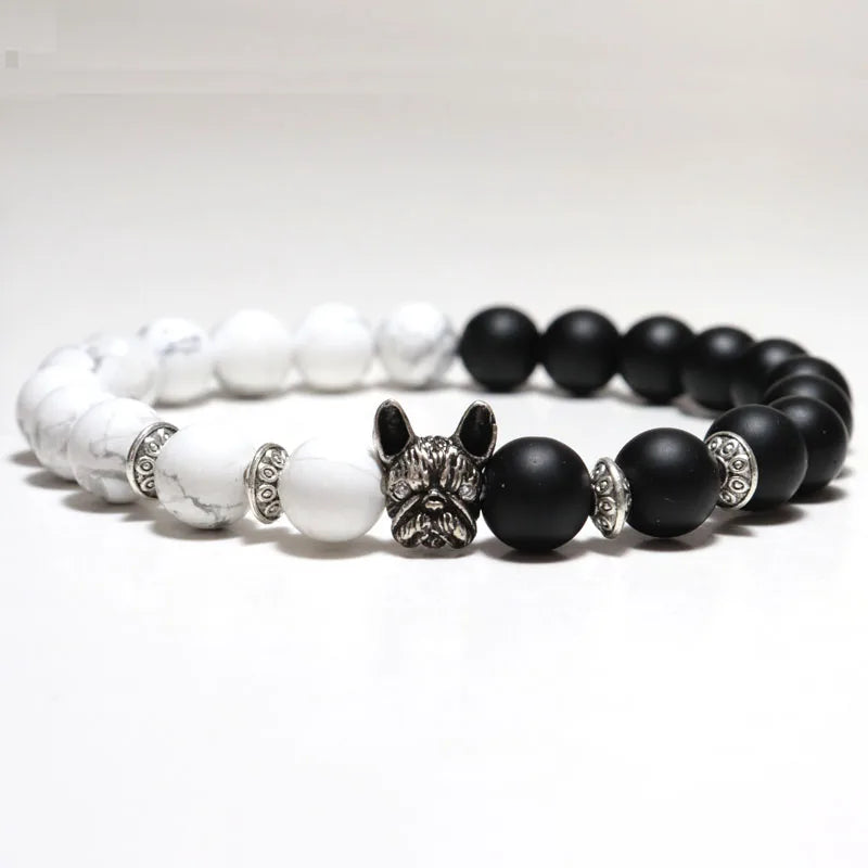New French Bulldog Bracelet Men Vintage Copper Beaded Braclet Natural Onyx Lava Stone Braslet Erkek Bileklik Pulseras