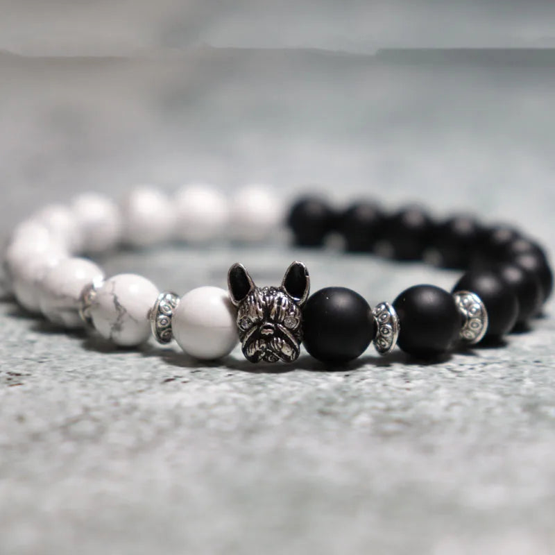 New French Bulldog Bracelet Men Vintage Copper Beaded Braclet Natural Onyx Lava Stone Braslet Erkek Bileklik Pulseras