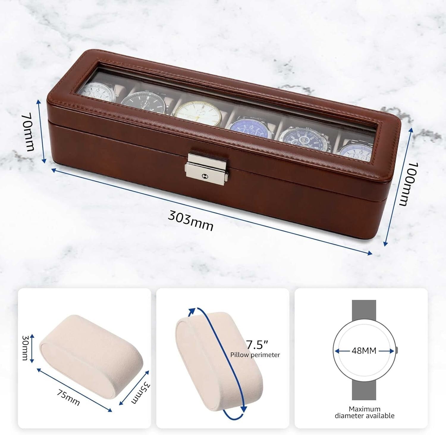 Watch Box-Organizer for Men and Women Case-Holder 6 Slot Pu Leather Display