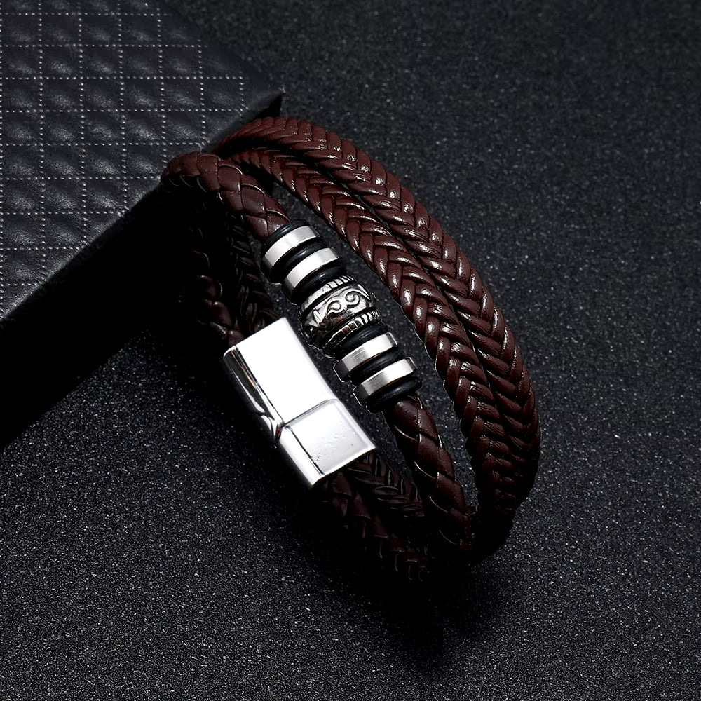 Trendy Leather Bracelets for Men Stainless Steel Bracelet 21CM Multilayer Braided Rope Bracelets for Male Jewelry Gifts