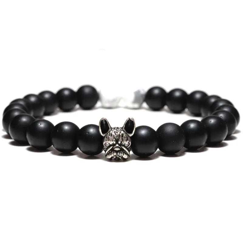 New French Bulldog Bracelet Men Vintage Copper Beaded Braclet Natural Onyx Lava Stone Braslet Erkek Bileklik Pulseras
