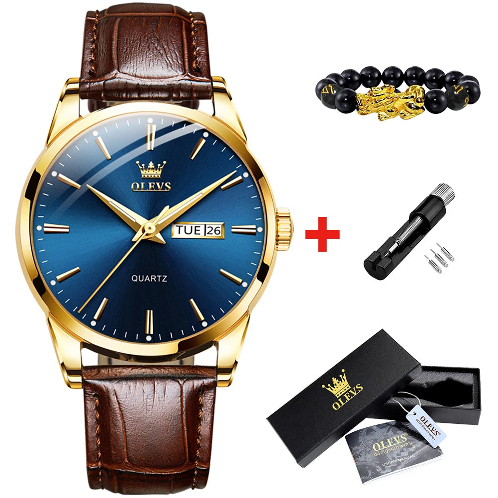 OLVES Top Brand Men'S Watches Original Simple Blue Face Quartz Wristwatch for Man Waterproof Leather Strap Business Watch Casual