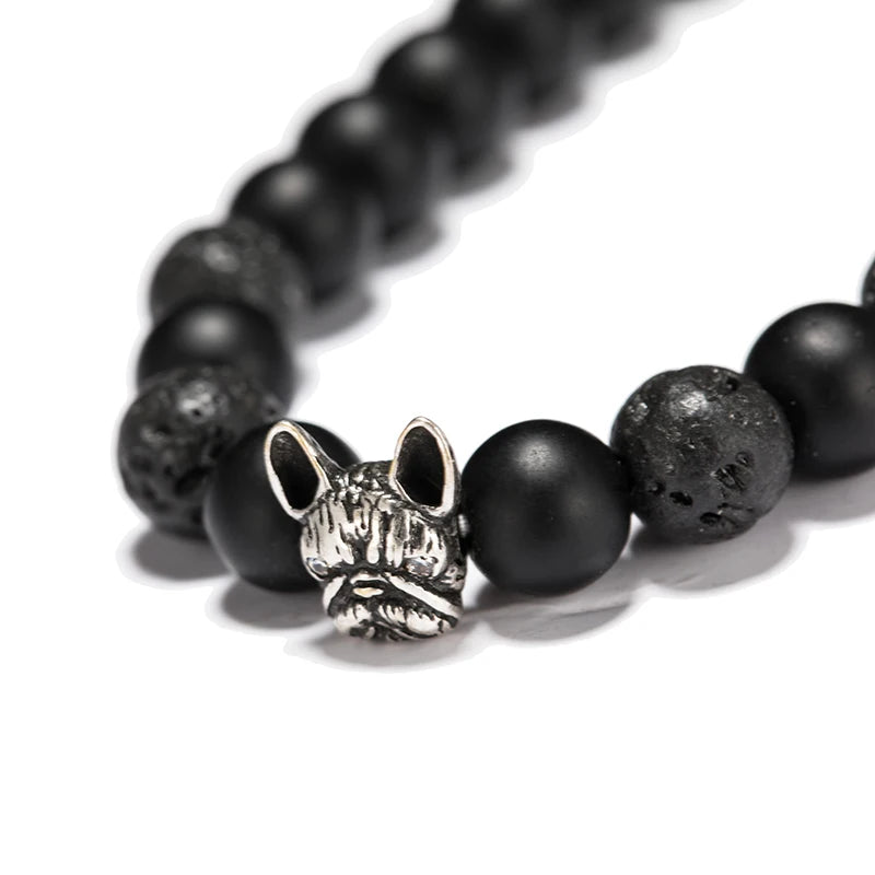 New French Bulldog Bracelet Men Vintage Copper Beaded Braclet Natural Onyx Lava Stone Braslet Erkek Bileklik Pulseras