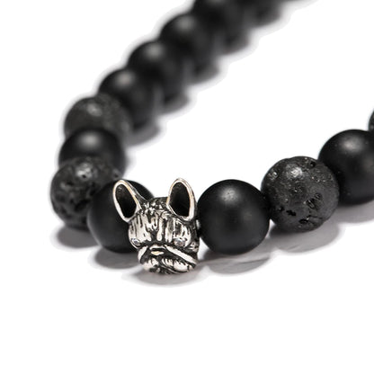 New French Bulldog Bracelet Men Vintage Copper Beaded Braclet Natural Onyx Lava Stone Braslet Erkek Bileklik Pulseras
