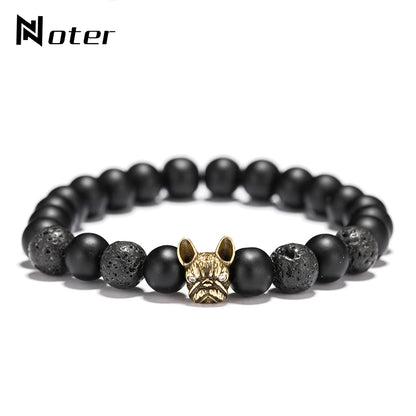 New French Bulldog Bracelet Men Vintage Copper Beaded Braclet Natural Onyx Lava Stone Braslet Erkek Bileklik Pulseras