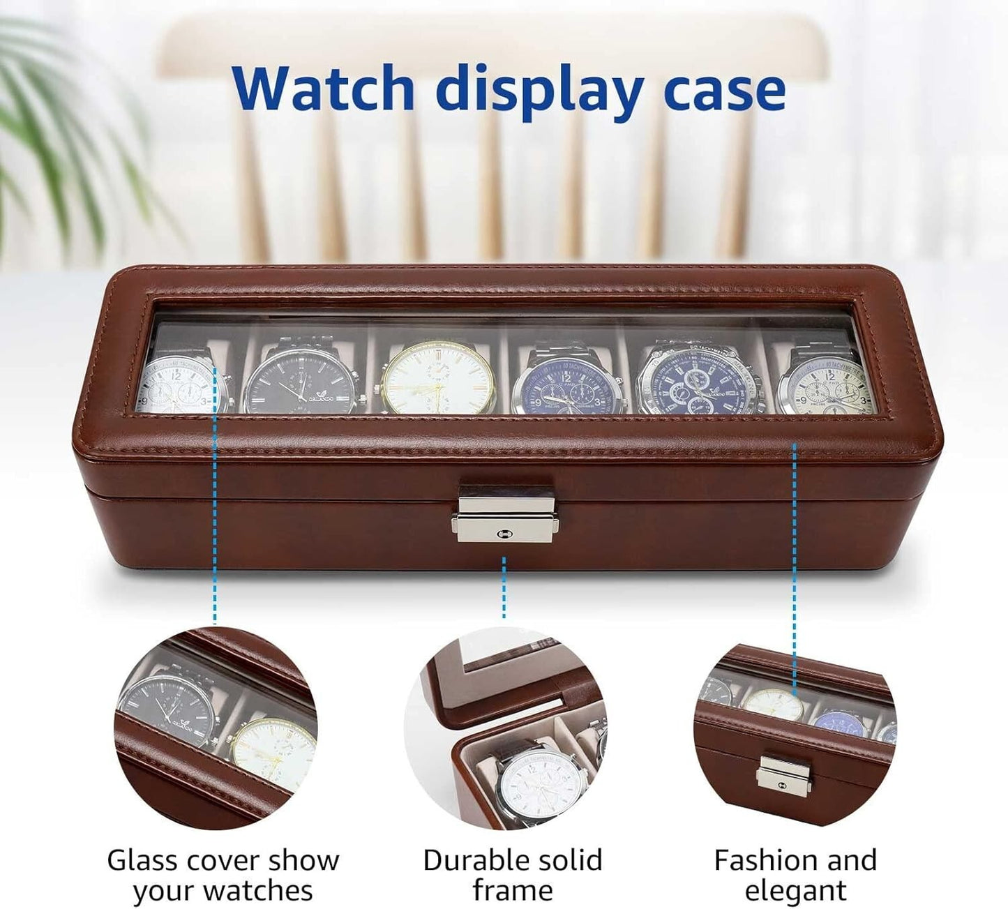 Watch Box-Organizer for Men and Women Case-Holder 6 Slot Pu Leather Display