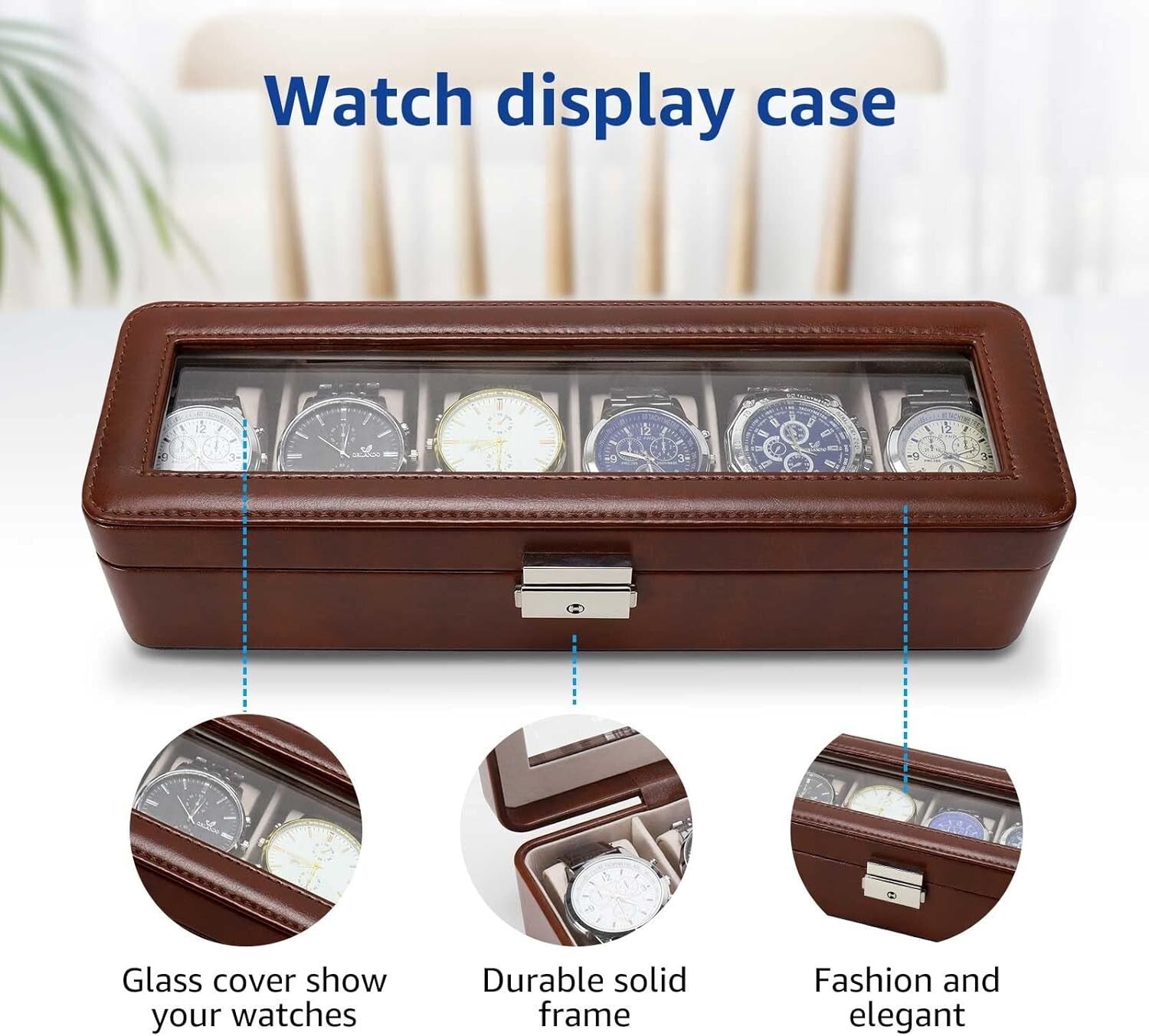 Watch Box-Organizer for Men and Women Case-Holder 6 Slot Pu Leather Display