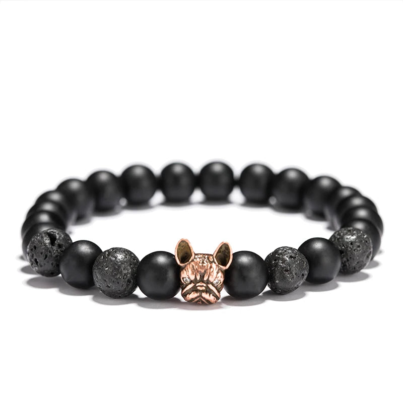 New French Bulldog Bracelet Men Vintage Copper Beaded Braclet Natural Onyx Lava Stone Braslet Erkek Bileklik Pulseras