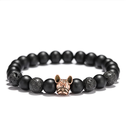 New French Bulldog Bracelet Men Vintage Copper Beaded Braclet Natural Onyx Lava Stone Braslet Erkek Bileklik Pulseras