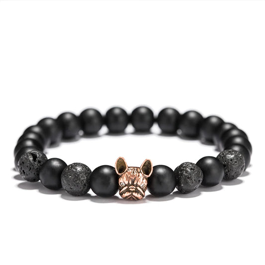 New French Bulldog Bracelet Men Vintage Copper Beaded Braclet Natural Onyx Lava Stone Braslet Erkek Bileklik Pulseras
