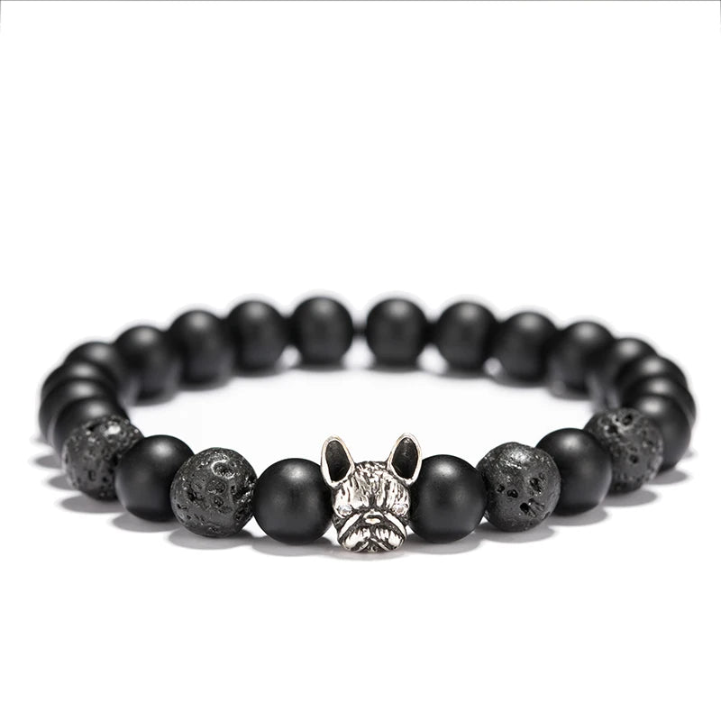 New French Bulldog Bracelet Men Vintage Copper Beaded Braclet Natural Onyx Lava Stone Braslet Erkek Bileklik Pulseras