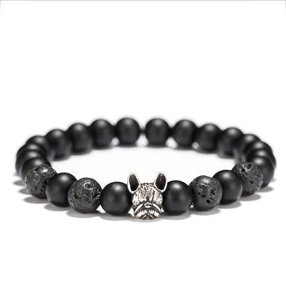 New French Bulldog Bracelet Men Vintage Copper Beaded Braclet Natural Onyx Lava Stone Braslet Erkek Bileklik Pulseras