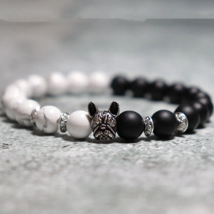 New French Bulldog Bracelet Men Vintage Copper Beaded Braclet Natural Onyx Lava Stone Braslet Erkek Bileklik Pulseras