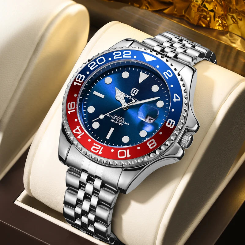 Luxury Quartz Men Watch Waterproof Luminous Date Man Watch Stainless Steel Business Wristwatches Male Clock Reloj+Box