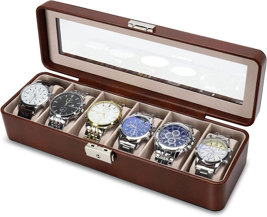 Watch Box-Organizer for Men and Women Case-Holder 6 Slot Pu Leather Display