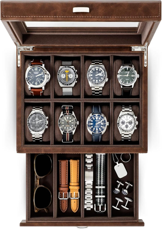 8 Slot Watch Box with Storage Drawer – Premium Watch Storage Case for Men | 2.2-Inch Wide Pillows Hold Small & Ovesized Watches (Brown)
