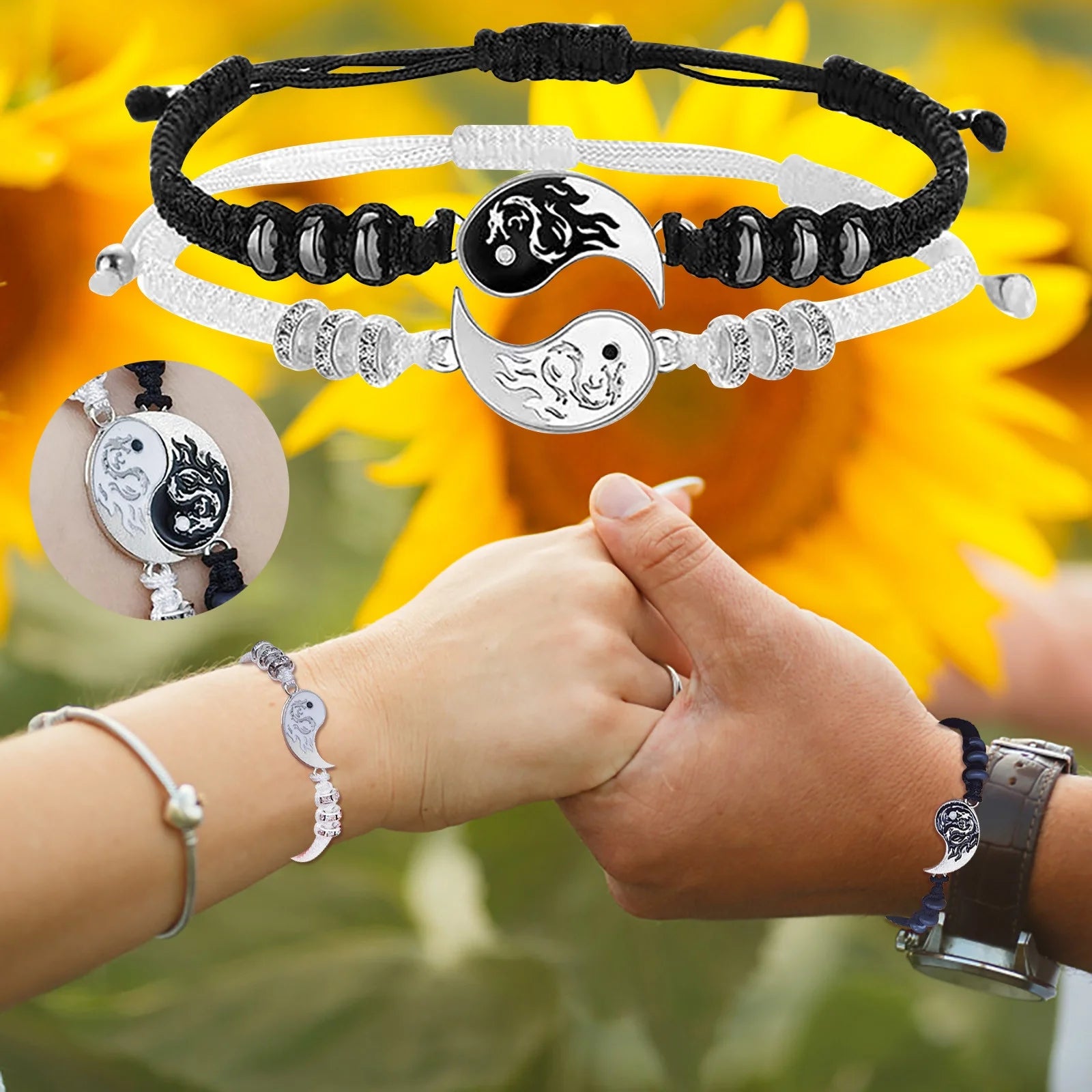Bracelets Friend Bracelets 2 Matching Yin and Yangs Adjustable Rope Bracelets for Friendship Relationship Boyfriend Girlfriend Valentine'S Day Gift A