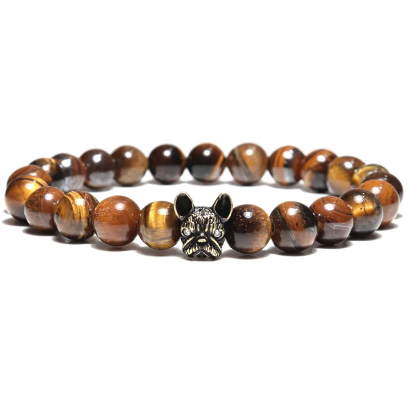 New French Bulldog Bracelet Men Vintage Copper Beaded Braclet Natural Onyx Lava Stone Braslet Erkek Bileklik Pulseras