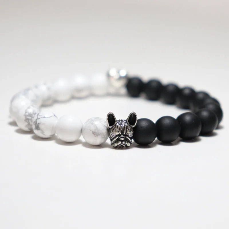 New French Bulldog Bracelet Men Vintage Copper Beaded Braclet Natural Onyx Lava Stone Braslet Erkek Bileklik Pulseras