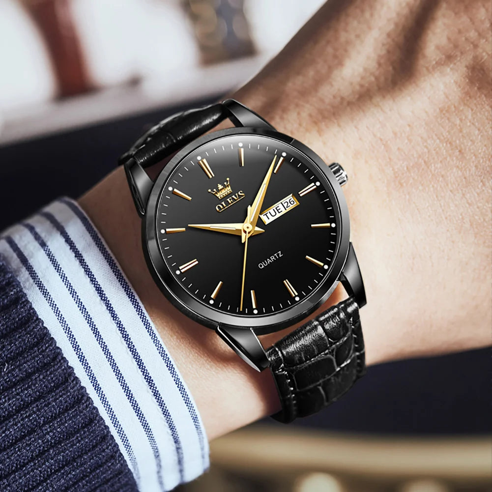 OLVES Top Brand Men'S Watches Original Simple Blue Face Quartz Wristwatch for Man Waterproof Leather Strap Business Watch Casual