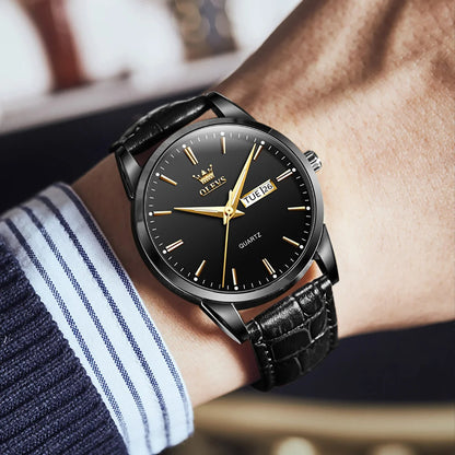 OLVES Top Brand Men'S Watches Original Simple Blue Face Quartz Wristwatch for Man Waterproof Leather Strap Business Watch Casual