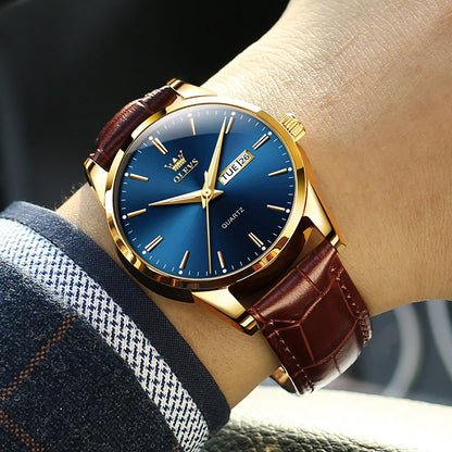 OLVES Top Brand Men'S Watches Original Simple Blue Face Quartz Wristwatch for Man Waterproof Leather Strap Business Watch Casual