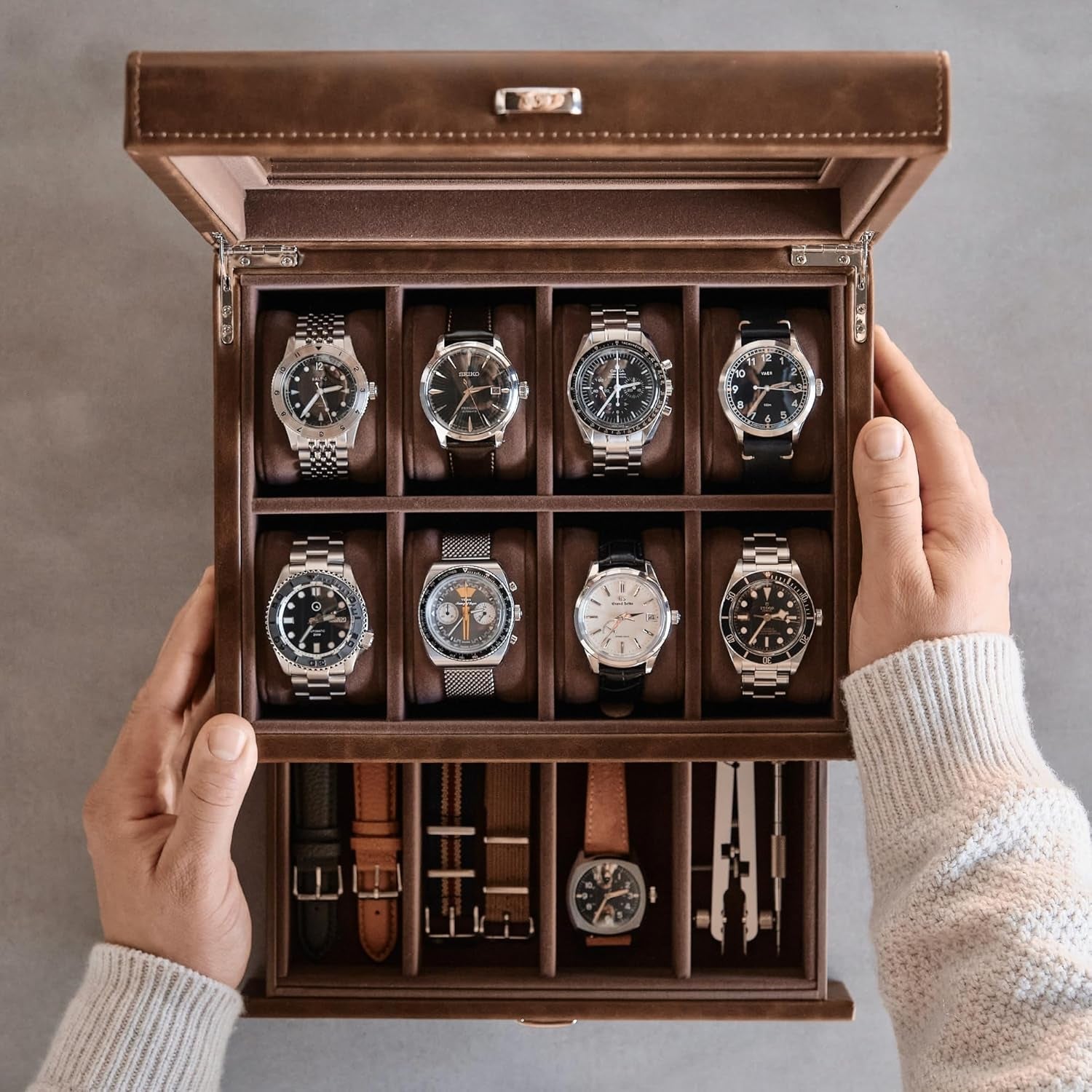 8 Slot Watch Box with Storage Drawer – Premium Watch Storage Case for Men | 2.2-Inch Wide Pillows Hold Small & Ovesized Watches (Brown)