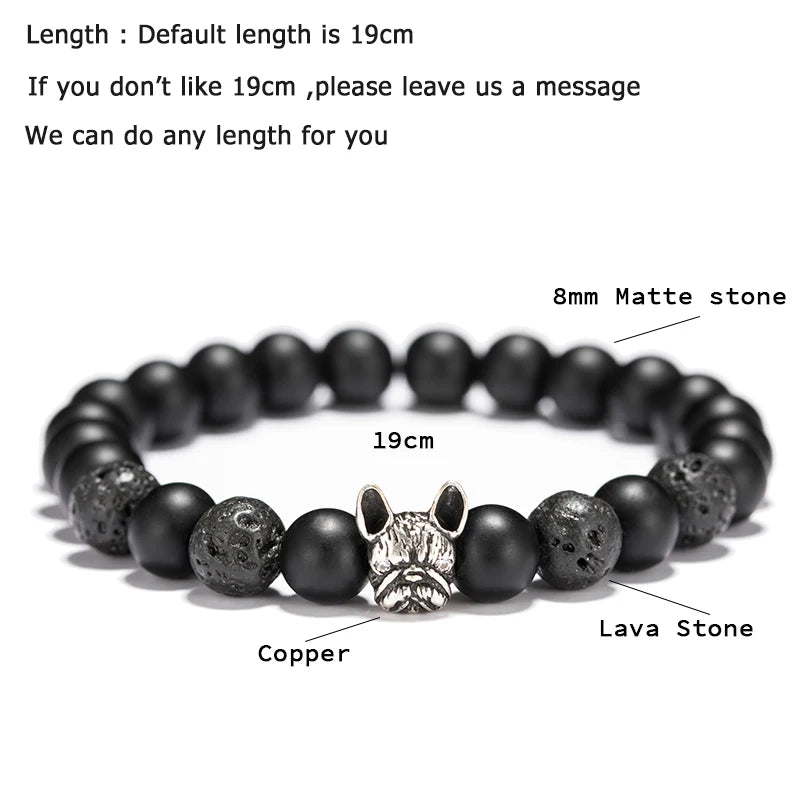New French Bulldog Bracelet Men Vintage Copper Beaded Braclet Natural Onyx Lava Stone Braslet Erkek Bileklik Pulseras
