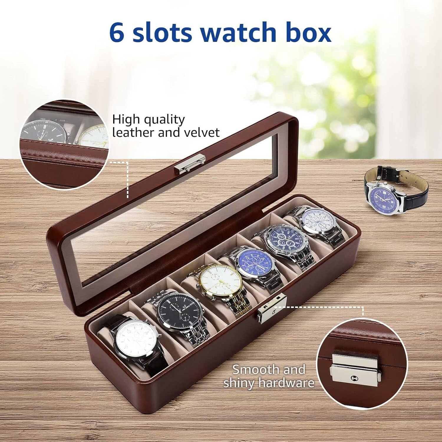 Watch Box-Organizer for Men and Women Case-Holder 6 Slot Pu Leather Display