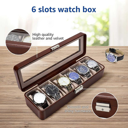 Watch Box-Organizer for Men and Women Case-Holder 6 Slot Pu Leather Display