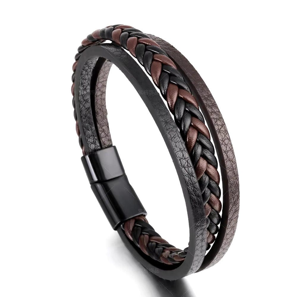 Trendy Leather Bracelets for Men Stainless Steel Bracelet 21CM Multilayer Braided Rope Bracelets for Male Jewelry Gifts