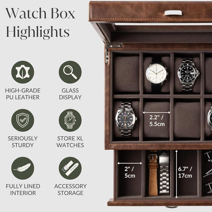 8 Slot Watch Box with Storage Drawer – Premium Watch Storage Case for Men | 2.2-Inch Wide Pillows Hold Small & Ovesized Watches (Brown)