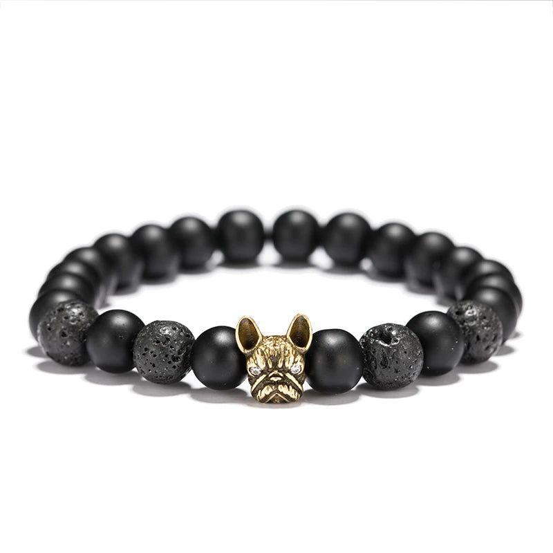 New French Bulldog Bracelet Men Vintage Copper Beaded Braclet Natural Onyx Lava Stone Braslet Erkek Bileklik Pulseras
