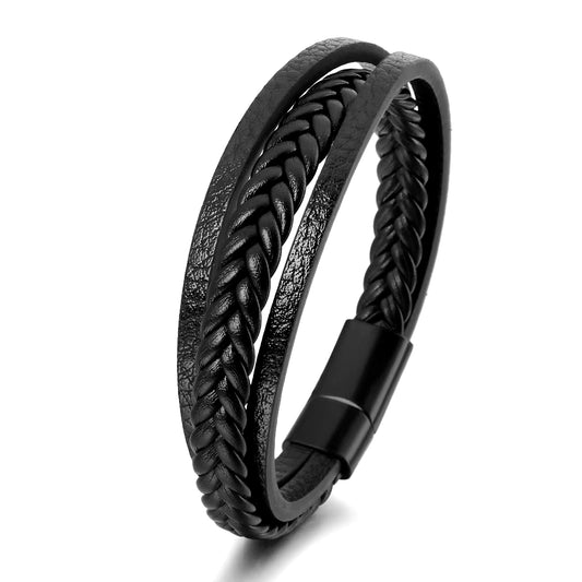 Trendy Leather Bracelets for Men Stainless Steel Bracelet 21CM Multilayer Braided Rope Bracelets for Male Jewelry Gifts