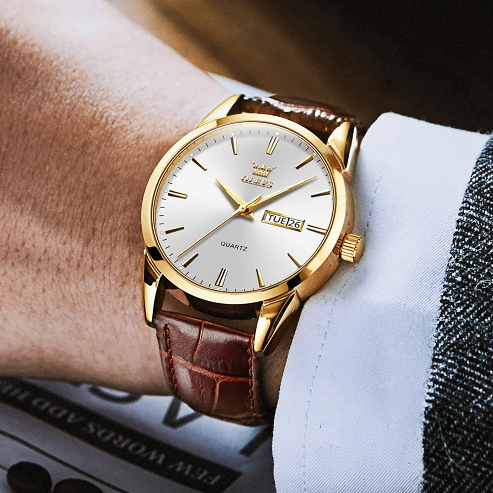 OLVES Top Brand Men'S Watches Original Simple Blue Face Quartz Wristwatch for Man Waterproof Leather Strap Business Watch Casual