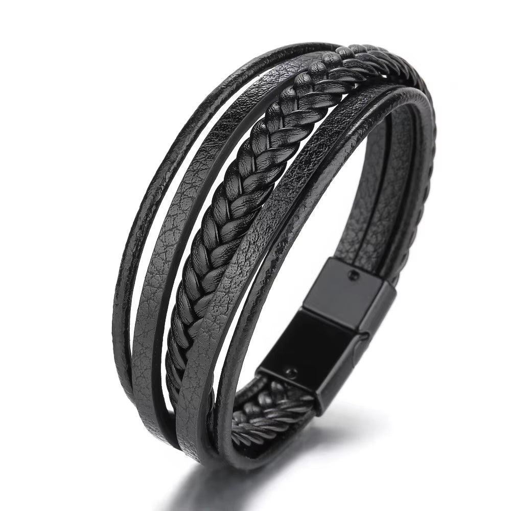 Trendy Leather Bracelets for Men Stainless Steel Bracelet 21CM Multilayer Braided Rope Bracelets for Male Jewelry Gifts