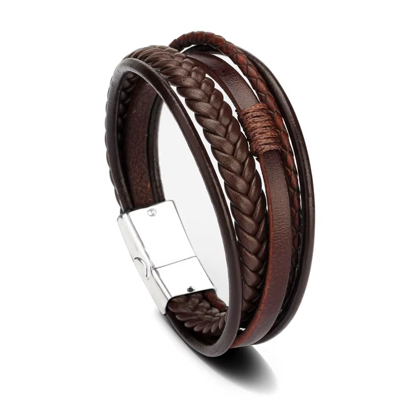 Trendy Leather Bracelets for Men Stainless Steel Bracelet 21CM Multilayer Braided Rope Bracelets for Male Jewelry Gifts