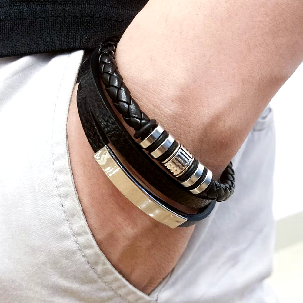 Trendy Leather Bracelets for Men Stainless Steel Bracelet 21CM Multilayer Braided Rope Bracelets for Male Jewelry Gifts
