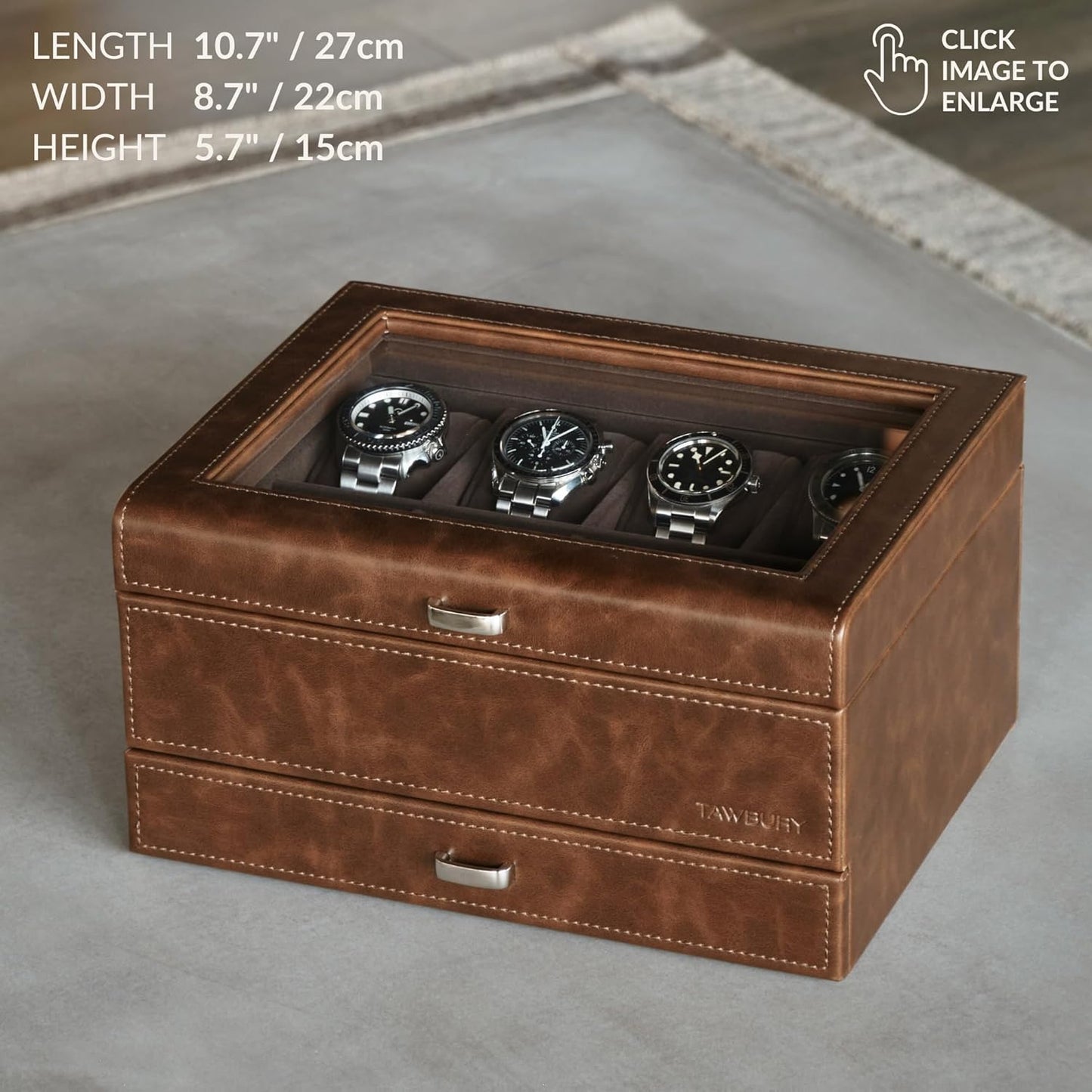 8 Slot Watch Box with Storage Drawer – Premium Watch Storage Case for Men | 2.2-Inch Wide Pillows Hold Small & Ovesized Watches (Brown)